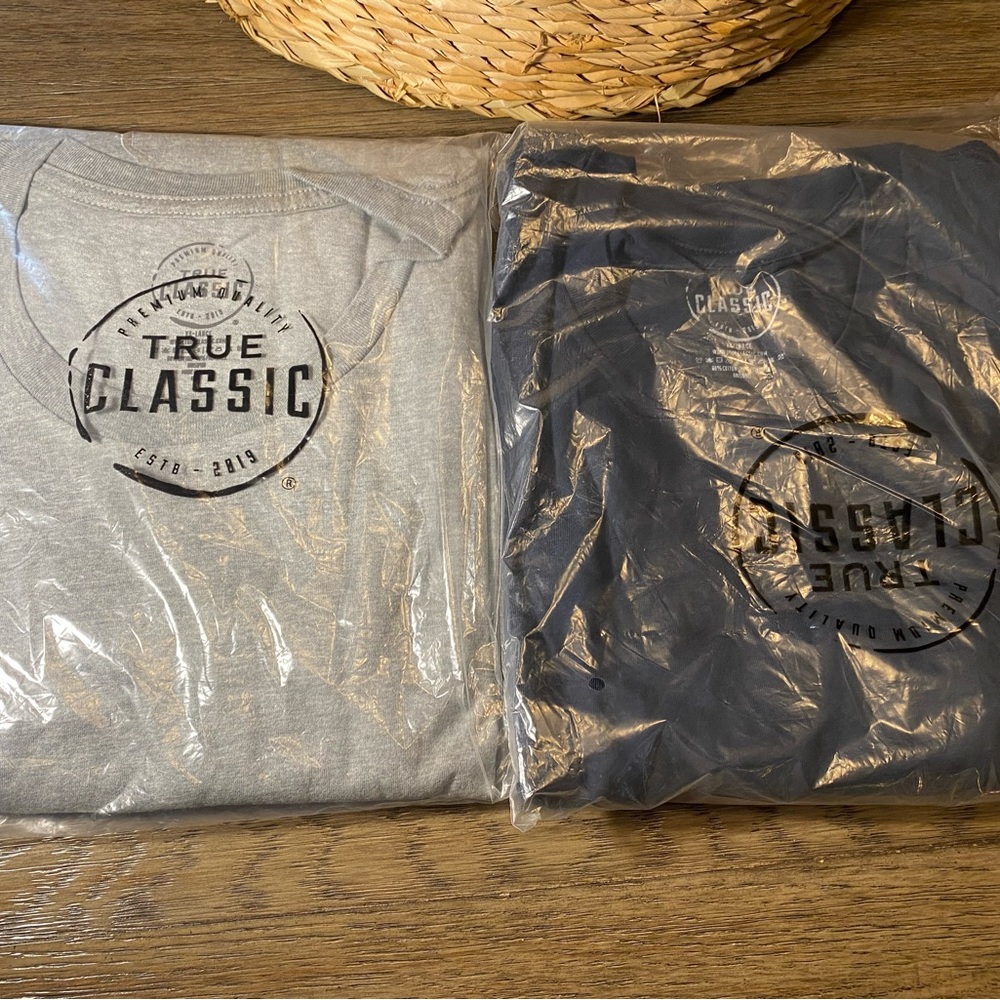 2 True Classic Crew Neck Short Sleeve Shirts (Navy Blue & Grey).